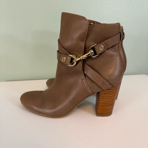 Isola Colleen Ankle Moto Boots Women 7.5 Brown Harness Leather Almond Block Heel - Picture 6 of 11